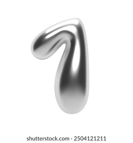 3D chrome number 1 in bubble Y2K futuristic style. Shiny silver glossy surface with inflated liquid metal form. Isolated numeral one for modern typography and trendy vector render font design