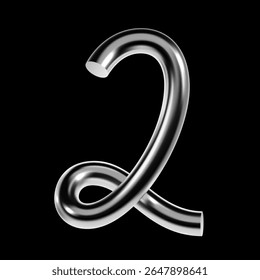 3D chrome number 2 with glossy metallic surface and curved tubular shape. Y2K style typography symbol isolated, representing the digit two
