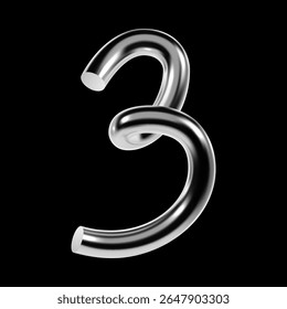 3D chrome number 3 with glossy metallic surface and smooth tubular shape. Y2K style typography symbol representing the digit three, isolated
