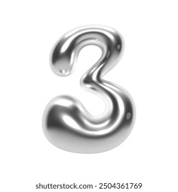 3D chrome number 3 in Y2K bubble style. Shiny silver metallic surface with an inflated liquid form. Isolated numeral three for retro-futuristic typography, vector render font for modern design project