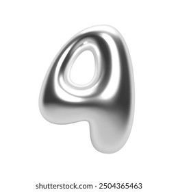 3D chrome number 4 in bubble Y2K futuristic style. Shiny silver glossy surface with inflated liquid metal form. Isolated numeral four for modern typography and trendy vector render font design