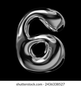 3D chrome number 6, numeral Six, liquid metal with glossy, metallic finish. Inflated balloon bubble shape, reflective, Y2K retro-futuristic style. Isolated vector