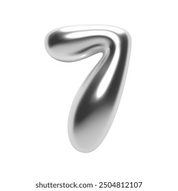 3D chrome number 7 in Y2K bubble style. Shiny silver metallic surface with an inflated liquid form. Isolated numeral seven for retro-futuristic typography, vector render font for modern design project