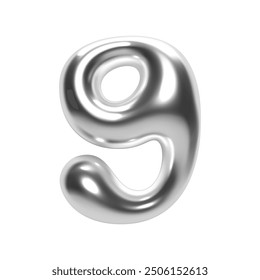 3D chrome number 9 in Y2K bubble style. Shiny silver metallic surface with an inflated liquid form. Isolated numeral nine for retro-futuristic typography, vector render font for modern design projects