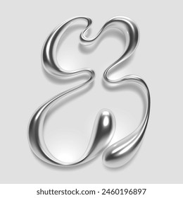 3D chrome number eight, numeral 8 in dripping liquid metal with glossy shiny reflective surface. Abstract molten silver alloy shape. Isolated vector for Y2K and retro futurism fonts, typography