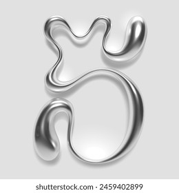 3D chrome number five, numeral 5 in dripping liquid metal with glossy shiny reflective surface. Abstract molten silver alloy shape. Isolated vector for Y2K and retro futurism fonts, typography