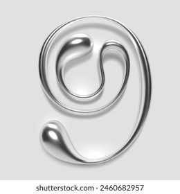 3D chrome number nine, numeral 9 in dripping liquid metal with glossy shiny reflective surface. Abstract molten silver alloy shape. Isolated vector for Y2K and retro futurism fonts, typography