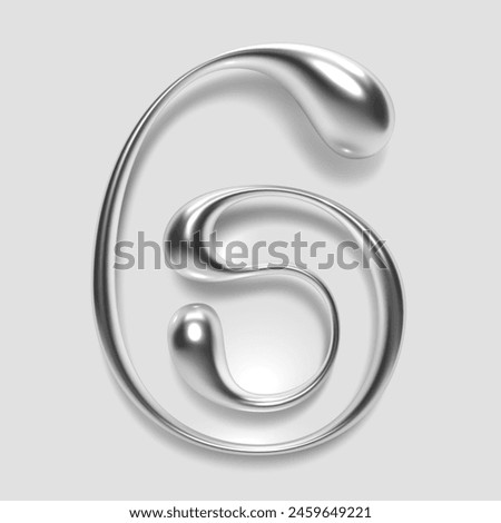 3D chrome number six, numeral 6 in dripping liquid metal with glossy shiny reflective surface. Abstract molten silver alloy shape. Isolated vector for Y2K and retro futurism fonts, typography