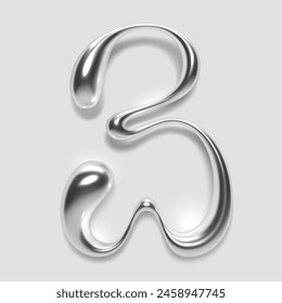 3D chrome number three, numeral 3 in dripping liquid metal with glossy shiny reflective surface. Abstract molten silver alloy shape. Isolated vector for Y2K and retro futurism fonts, typography