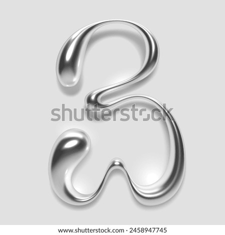 3D chrome number three, numeral 3 in dripping liquid metal with glossy shiny reflective surface. Abstract molten silver alloy shape. Isolated vector for Y2K and retro futurism fonts, typography