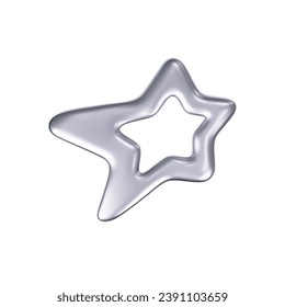 3d chrome outline star in y2k futuristic style isolated on white background. Render 3d cyber chrome galaxy emoji with falling and flying stars, blings and sparks. 3d vector y2k illustration