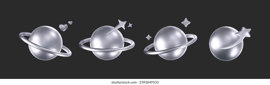 Planetas cromados 3d con estrella y corazón en un estilo futurista y 2k sobre fondo oscuro. Transformar el emoji de galaxia cibercromo 3d con estrella en caída, planeta, bling, chispa, luna, corazones. Ilustración vectorial y2k