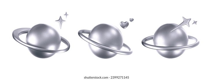 Planetas 3d cromados con estrellas y corazones en Y2k, estilo futurista sobre fondo blanco. Transformar un emoticono de galaxia cibercromo 3d con estrella en caída, planeta, bling, chispas. Ilustración vectorial y2k