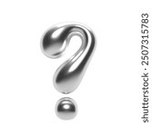 3D chrome question mark in Y2K bubble style. Shiny silver surface with inflated liquid metal form. Isolated query symbol for modern typography, graphic projects, and communication design