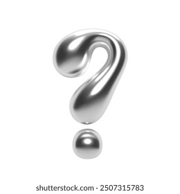 3D chrome question mark in Y2K bubble style. Shiny silver surface with inflated liquid metal form. Isolated query symbol for modern typography, graphic projects, and communication design