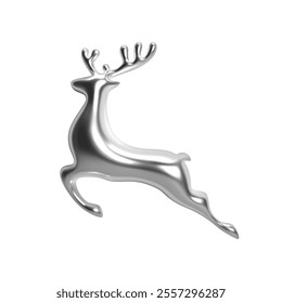 3D chrome reindeer ornament with shiny reflective metallic surface isolated on white background. Christmas and winter holiday decoration. Perfect for greeting cards, posters, and festive designs