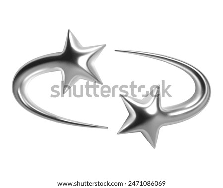 3d chrome shooting star shapes with curved tails. Abstract y2k style, shiny metallic silver surface. Isolated vector elements for retrofuturistic, cosmic, celestial, sci-fi themes, adding sparkle