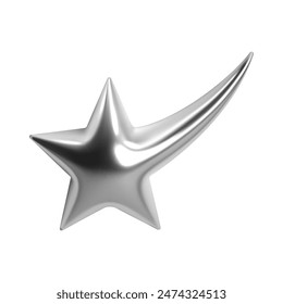 3d chrome shooting star with sleek, shiny silver surface and elongated tail. Isolated abstract element in y2k style, ideal for futuristic, cosmic, celestial, and sci-fi designs, adding a glossy touch