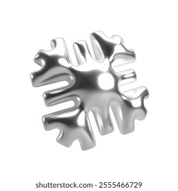 3d chrome snowflake with shiny reflective silver metallic surface. Isolated vector design element for winter themes, Christmas, New Year, festive decorations, and seasonal holiday projects