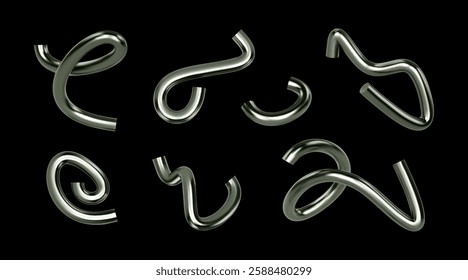 3d chrome spiral shape. Abstract line steel shape. Render silver y2k element fluid. Silver metal wave twisted figure. Line glossy metal spiral, curve, swirl. Vector render realistic illustration