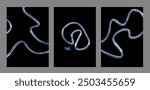 3d chrome spiral template. Silver metal curve element on black background. Y2k fluid wave, flow swirl, 3d path. Dynamic steel shapes. Set vector trend 3d illustration