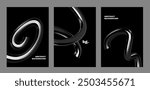 3d chrome spiral template. Silver metal curve element on black background. Y2k fluid wave, flow swirl, 3d path. Dynamic steel shapes. Set vector trend 3d illustration