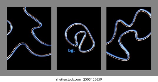 3d chrome spiral template. Silver metal curve element on black background. Y2k fluid wave, flow swirl, 3d path. Dynamic steel shapes. Set vector trend 3d illustration