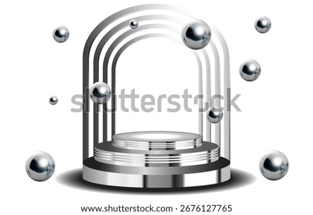 3D chrome stage podium with multi layered metal arch and floating spheres, isolated on white background, perfect for product display or futuristic design