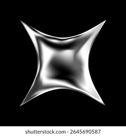 3D chrome star in abstract silver elements and Y2K style. Glossy holographic shape with spark, glitter and cosmic shine. Futuristic metallic symbol with fluid geometry and galaxy shimmer.
