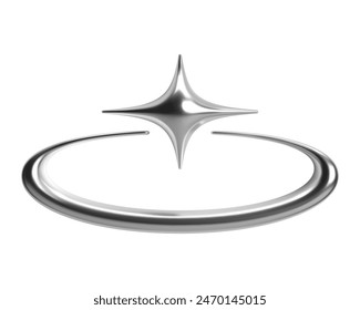 3d chrome star with crescent arc in futuristic cyber space y2k style. Isolated vector element spark or flash shape, shiny metallic glossy silver surface, ideal for celestial, cosmic, galactic themes