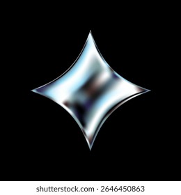 3D cromo estrela com brilho metálico prata e brilho holográfico. O formato abstrato inspirado no Y2K apresenta textura fluida brilhante, brilho cósmico e explosão futurista. Vetor isolado em plano de fundo escuro.