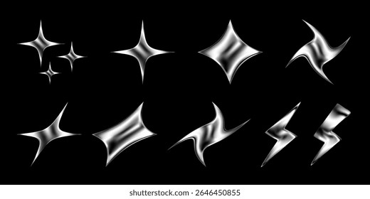 3D chrome star sticker set with lightning flash and holographic shine. Sleek Y2K aesthetic features dynamic geometric forms, glitter bursts, and cosmic sparkle. Isolated vector on dark background.