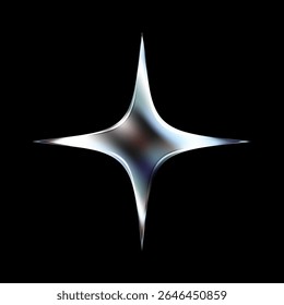 Estrela cromada 3D na estética Y2K. Forma metálica prata brilhante com brilho holográfico e fluido. Ícone vetorial futurista com efeito de intermitência abstrata e cintilação cósmica sobre fundo preto.