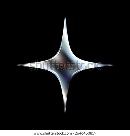 3D chrome star in Y2K aesthetic. Glossy silver metallic shape with holographic sparkle and fluid shine. Futuristic vector icon with abstract burst effect and cosmic twinkle on black background.