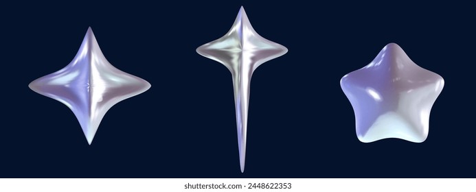 3D Chrome star y2k set element. Silver star retro aesthetic. Trendy 3d metal vector. Chrome holographic elements. 