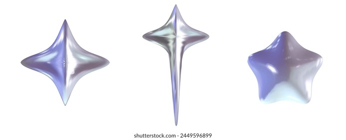 3D Chrome star y2k set element. Silver star retro aesthetic. Trendy 3d metal vector. Chrome holographic elements. 