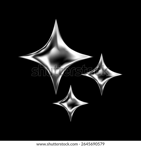 3D chrome stars and glossy silver elements with futuristic Y2K style. Abstract geometric shapes with glitter, flare and cosmic shine. Sleek metallic forms with fluid bling and holographic spark.