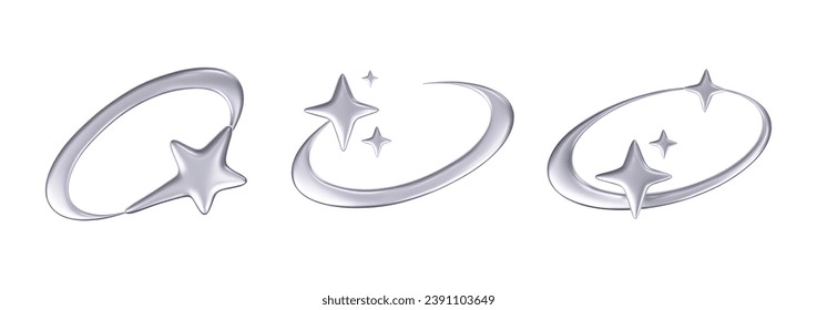 3d chrome stars and planets set in y2k, futuristic style on white background. Render 3d cyber chrome galaxy emoji with falling star, planet, bling, spark. 3d vector y2k illustration