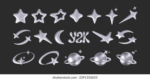 Estrellas y planetas cromados 3d en Y2k, estilo futurista sobre fondo oscuro. Transformar el emoji de galaxia cibercromo 3d con estrella en caída, planeta, bling, chispa, luna, corazones. Ilustración vectorial y2k