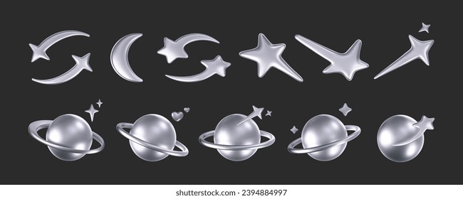 3d chrome stars and planets set in y2k, futuristic style on dark background. Render 3d cyber chrome galaxy emoji with falling star, planet, bling, spark, moon, hearts. 3d vector y2k illustration