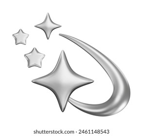 3d chrome stars render in futuristic y2k style. Vector isolated illustration. Techno design element, cyber shapes, geometric magic symbol. Abstract beam, dynamic galaxy, shiny sky.