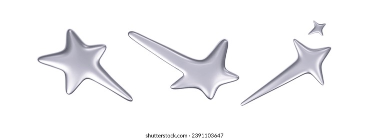 Estrellas 3d cromadas con un estilo futurista y 2k aisladas en fondo blanco. Transformar un emoticono de galaxia cibercromo 3d con estrellas en caída y vuelo, golpes y chispas. Ilustración vectorial y2k