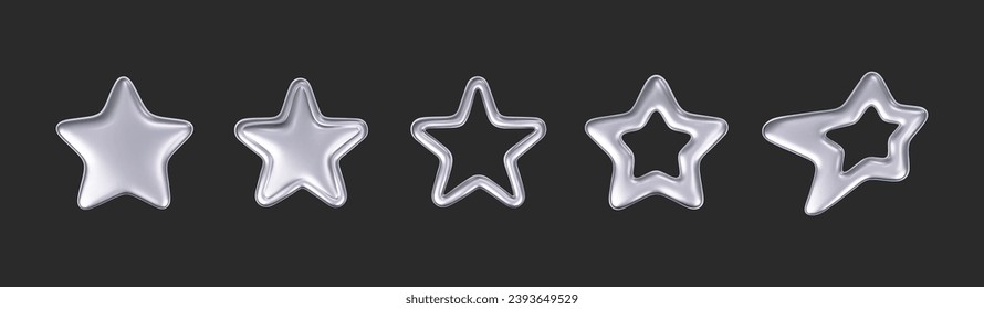 3d chrome stars set in y2k futuristic style isolated on dark background. Render 3d cyber chrome galaxy emoji with falling and flying stars, blings and sparks. 3d vector y2k illustration