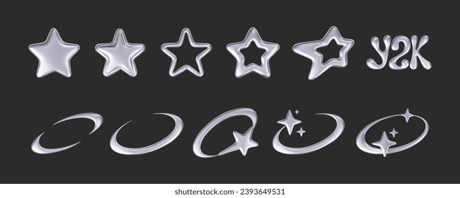 3d chrome stars set in y2k futuristic style isolated on dark background. Render 3d cyber chrome galaxy emoji with falling and flying stars, blings and sparks. 3d vector y2k illustration