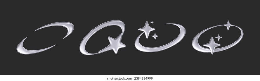 Estrellas 3d cromadas con un estilo futurista y 2k aisladas en un fondo oscuro. Transformar un emoticono de galaxia cibercromo 3d con estrellas en caída y vuelo, golpes, luna y chispas. Ilustración vectorial y2k