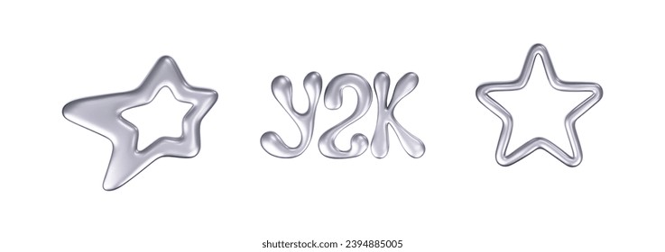 3d chrome stars set in y2k futuristic style isolated on white background. Render 3d cyber chrome galaxy emoji with falling and flying stars, blings and sparks. 3d vector y2k illustration