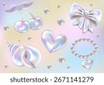 3d Chrome sticker set in Y2K style. Three-dimensional Pearl, SeaShells, Bow, Cherry, Pearl necklace and Heart. Holographic retro icons, realistic vector illustration on gradient background.