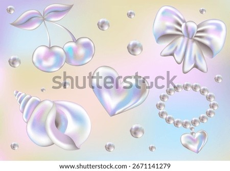 3d Chrome sticker set in Y2K style. Three-dimensional Pearl, SeaShells, Bow, Cherry, Pearl necklace and Heart. Holographic retro icons, realistic vector illustration on gradient background.