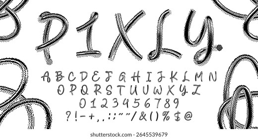 face de tipos de cromo 3D com efeito de pixel de meio-tom, alfabeto de arame feito de linha metálica contínua, estilo bitmap retro, letras maiúsculas, números e pontuação, tendência de tipografia Y2K