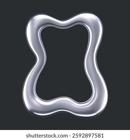 3d chrome wavy frame isolated on a dark background. Render of rectangular silver scallop border in trendy y2k style for modern posters, photos, banners or interior. Chrome squiggle mirror. 3d vector